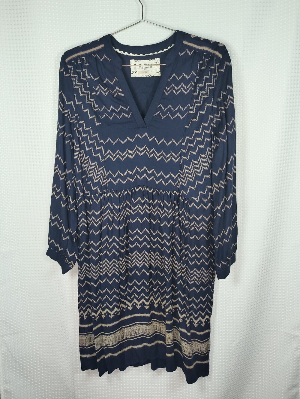 Anthropologie Holding Horses Navy Cream Zigzag Mini Long Sleeve V-Neck Dress S
